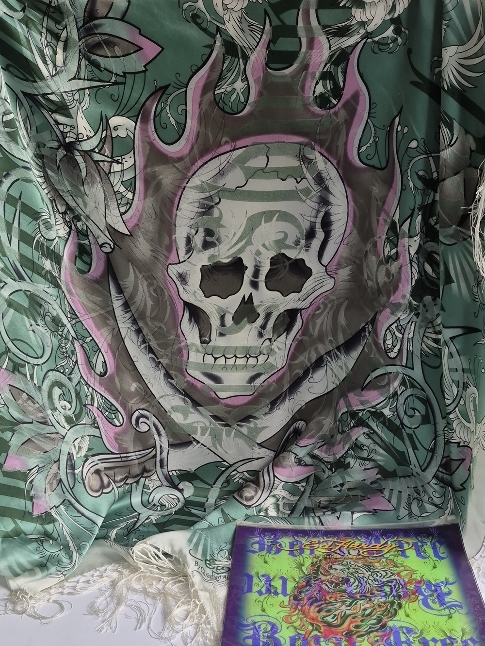Ed Hardy Y2K Silk Shawl Teal Pink original pourch